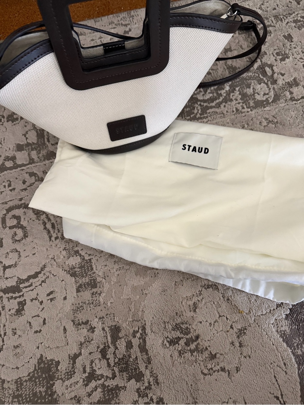 STAUD White Canvas Mini Tote with Brown Trim